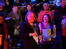 The Mayor of Royal Greenwich, Cllr Angela Cornforth, addresses the audience at the Woolwich Singers First Anniversary Concert at the Woolwich Grand Theatre (photo: Mike King)